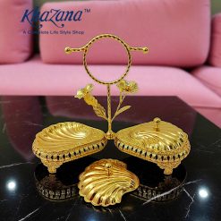 Title: Three-Tiered Golden Clamshell Serving Set
