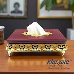 Decorative Wooden Tissue Box with Ornate Gold Base  Description: