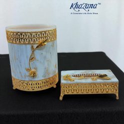 Luxurious White and Gold Bathroom Accessory Set Dustbin and Tissue Box