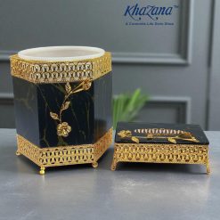 Elegant Black and Gold Bathroom Accessory Set Dustbin and Tissue Box