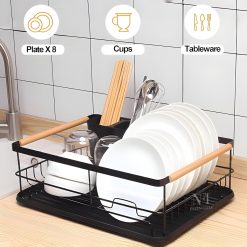Drying Rack Basket with Wooden Handle for Kitchen Utensils, Metal Dish Plate Drainer Stand