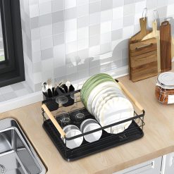 Alternative view of Drying Rack Basket with Wooden Handle for Kitchen Utensils, Metal Dish Plate Drainer Stand