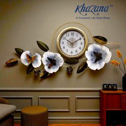 Decorative Floral Metal Wall Clock in Blue and Gold