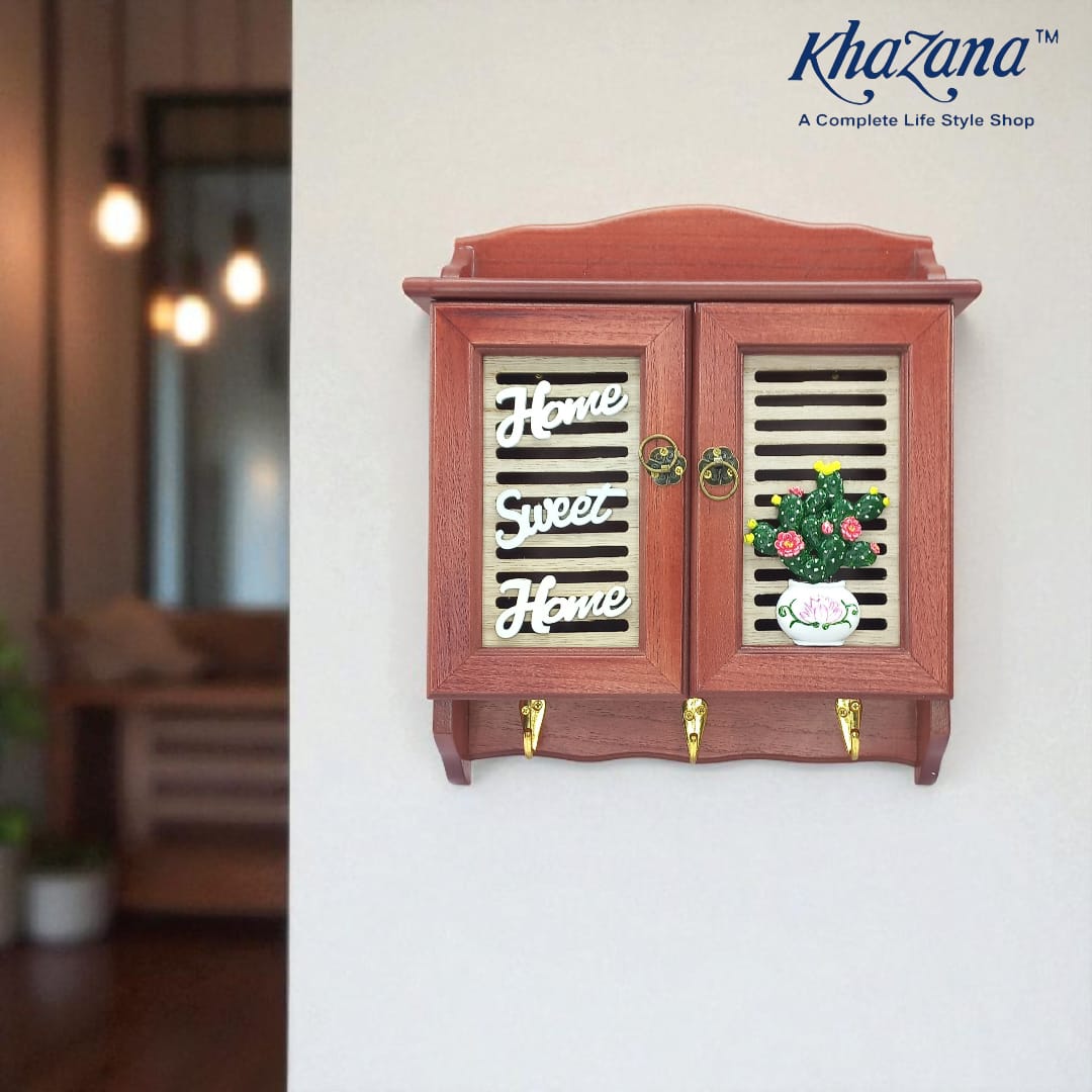 Home Sweet Home Wooden Wall Mount Key Cabinet with Cactus Accent