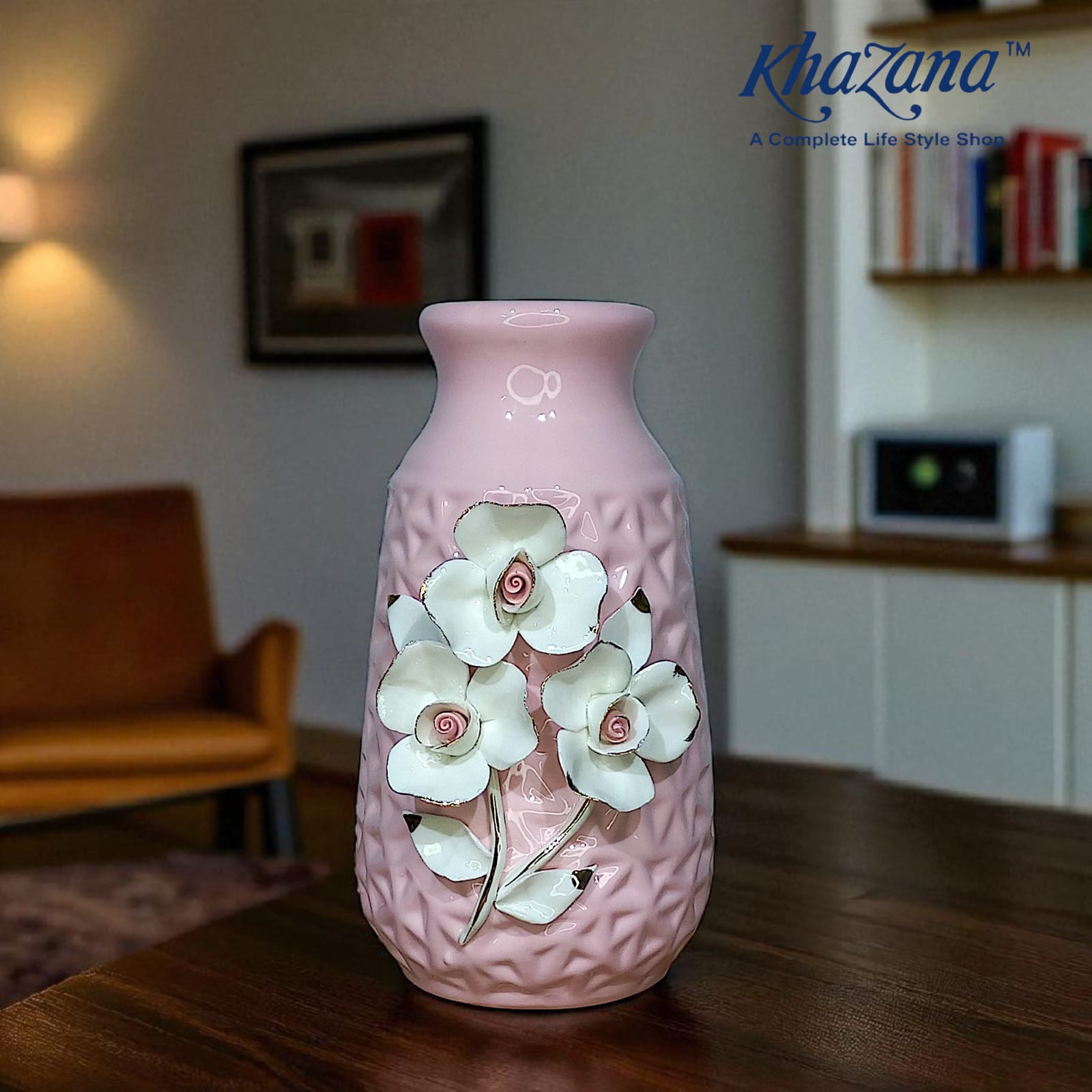 Blush Pink Ceramic Vase with 3D White Magnolia Flowers