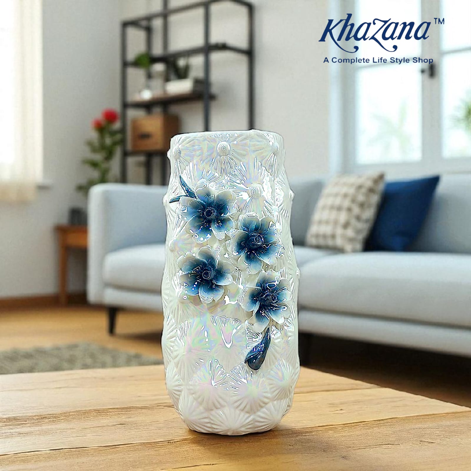 Iridescent White Ceramic Vase with 3D Blue Flowers