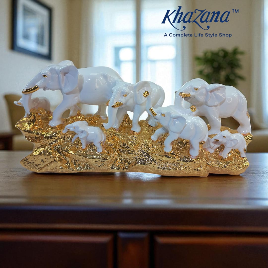 Housofy White & Gold Elephant Family Showpiece for Harmony