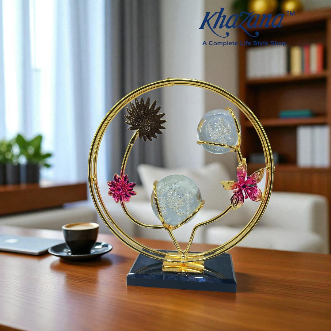 Modern Gold Circle Sculpture with Pink Enamel Flowers and Crystal Orbs