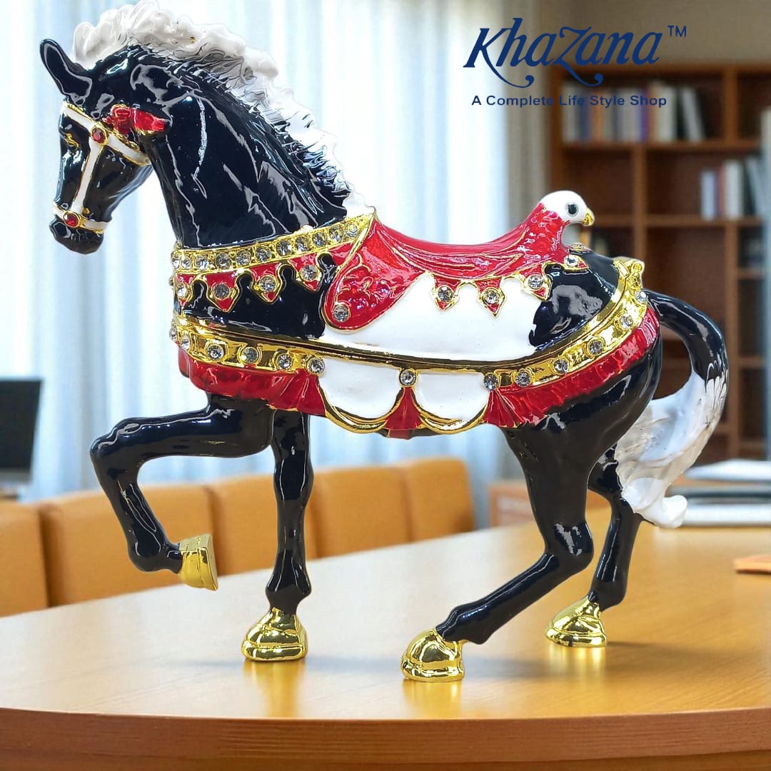 Ornate Black Ceremonial Horse Showpiece with Saddle and Eagle Detail