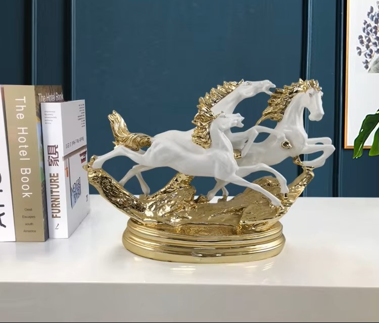 Resin Hotel Desk White Home Furnishing Fiberglass Animal Craft Gold Statue Sculpture Horse