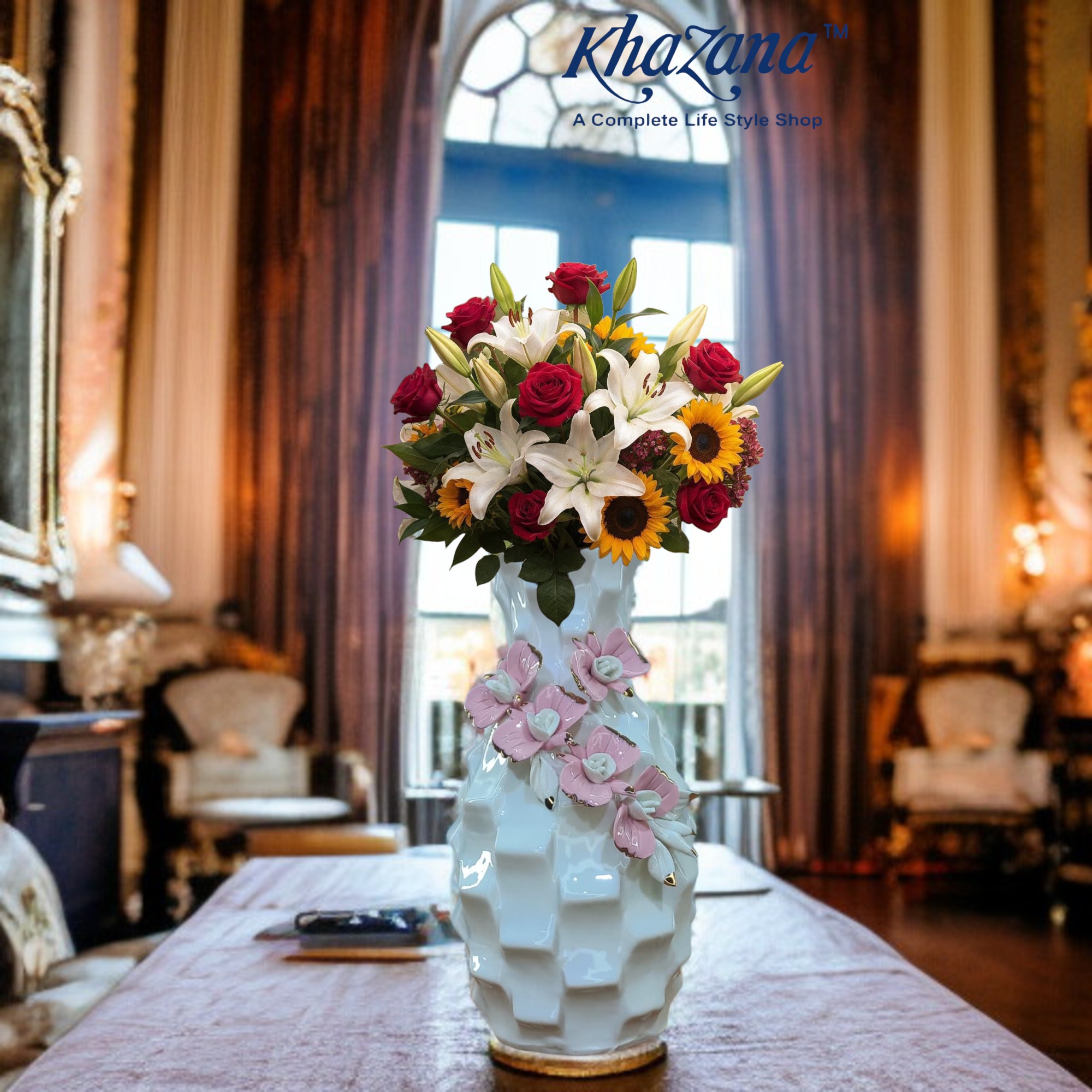 White Embossed Ceramic Vase with 3D Pink & Gold Porcelain Flowers