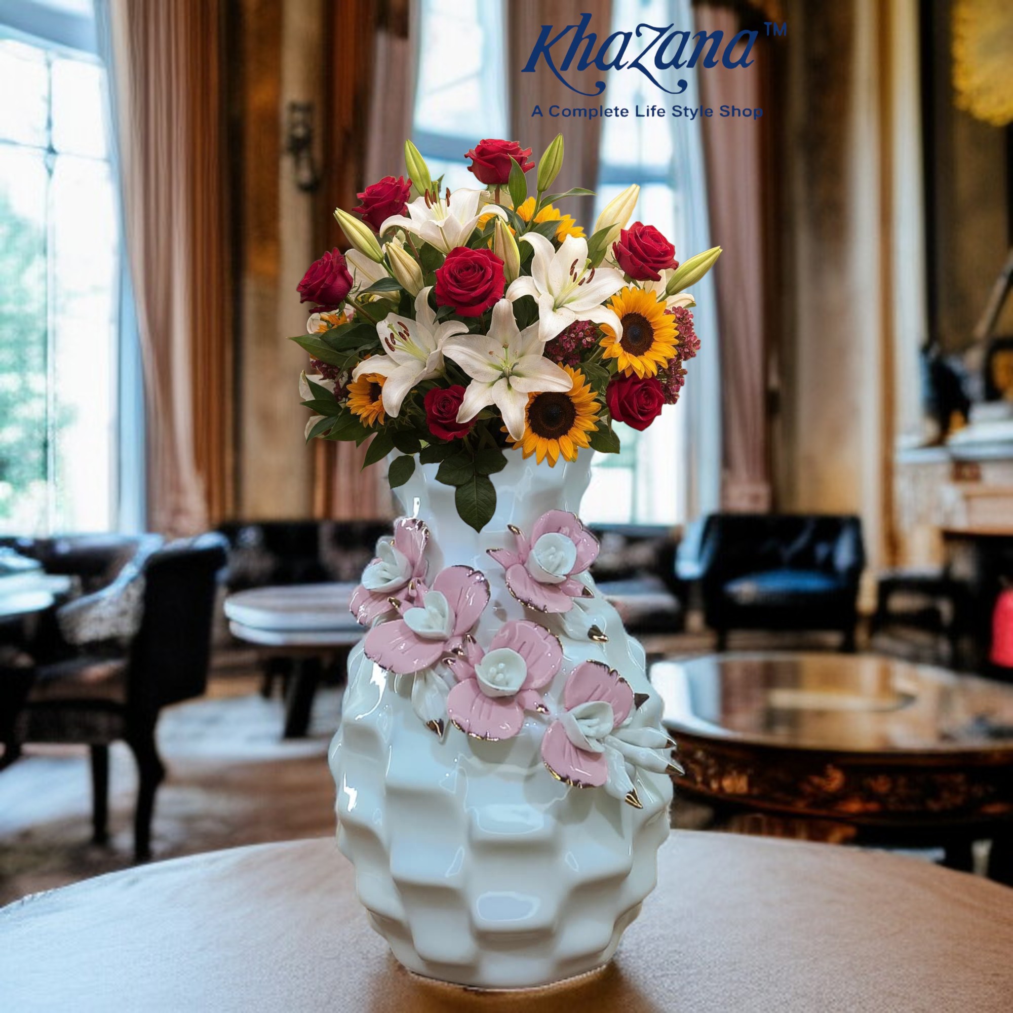 Elegant White Embossed Ceramic Vase with Pink & Gold Floral Embellishments