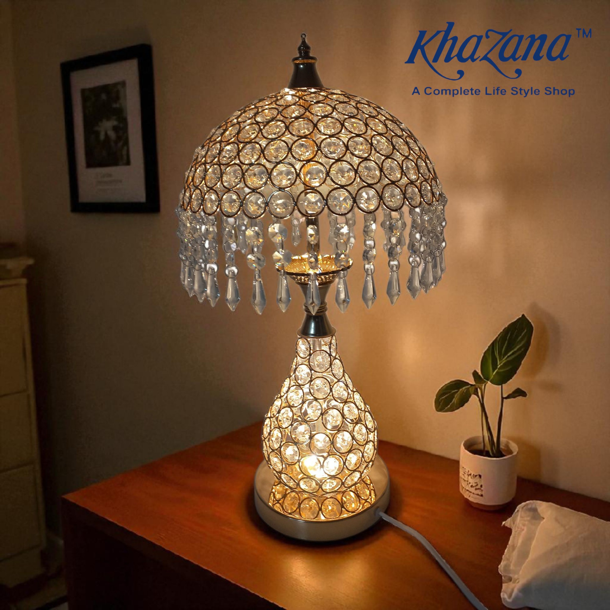 Elegant Gold & Crystal Beaded Dome Table Lamp