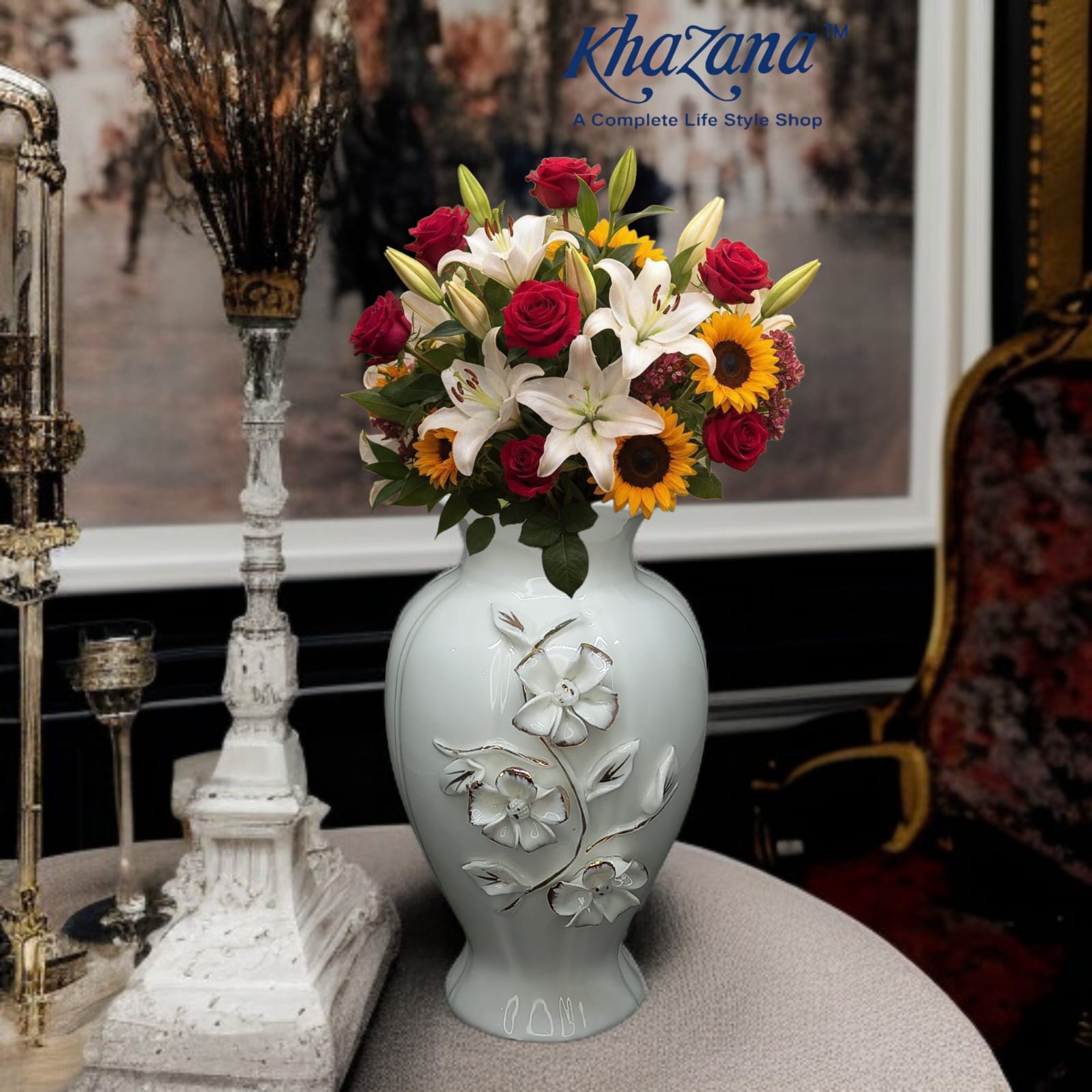 Elegant White Ceramic Flower Vase with Gold-Trimmed 3D Floral Embellishments