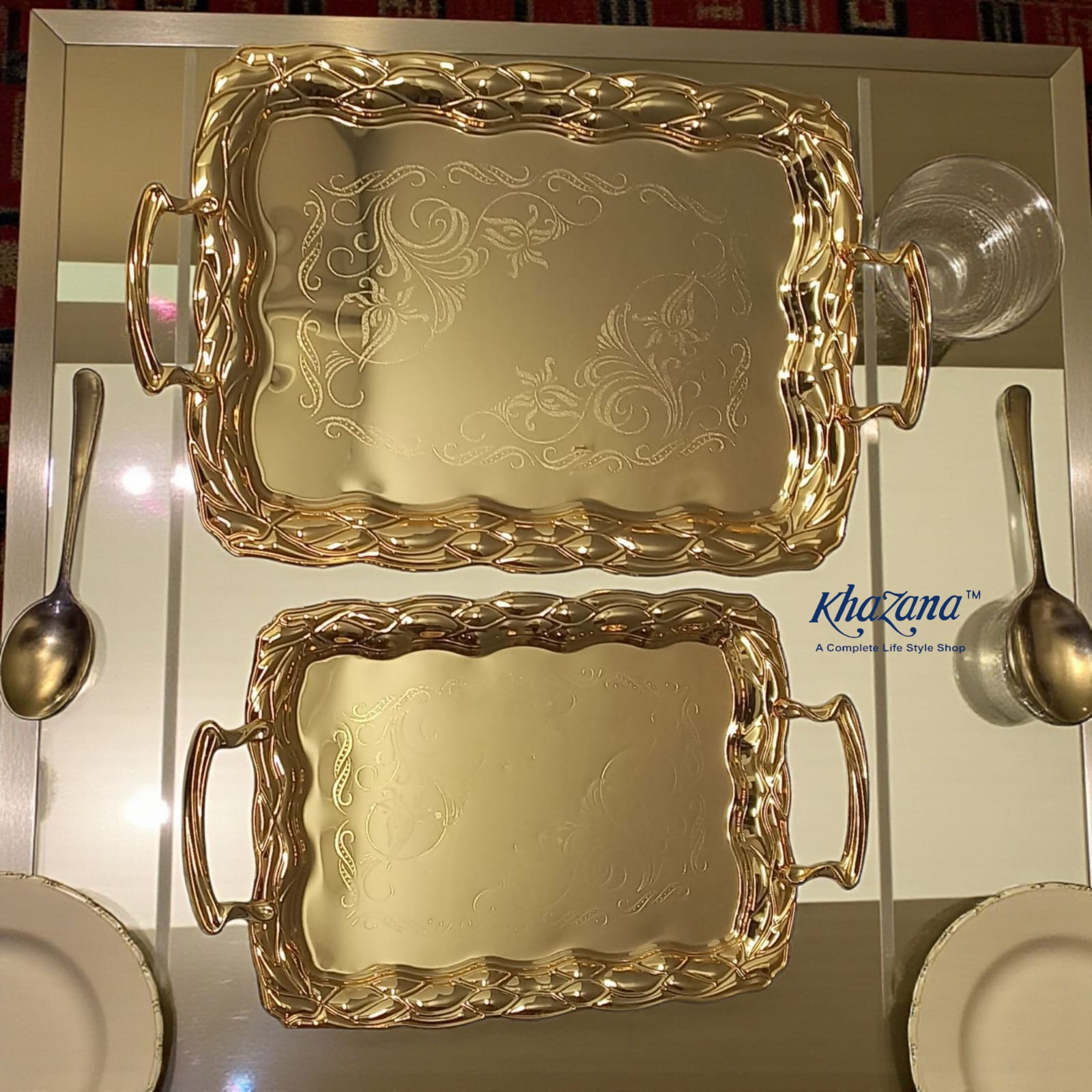 Elegant Gold Plated Serving Trays with Handles