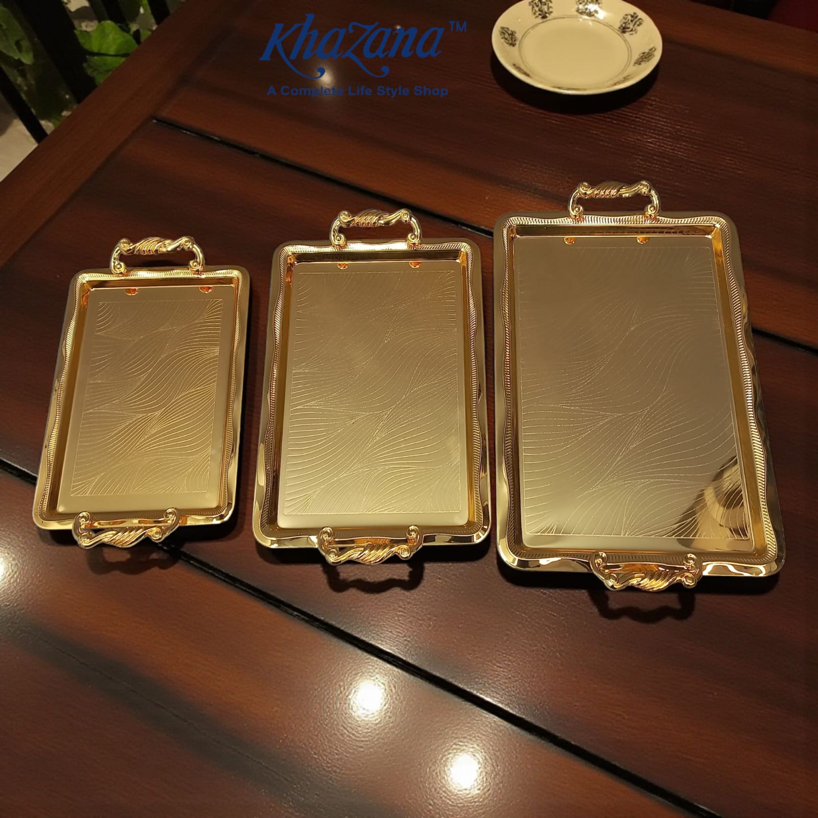 Triple Set of Gold Rectangular Wave-Pattern Serving Trays