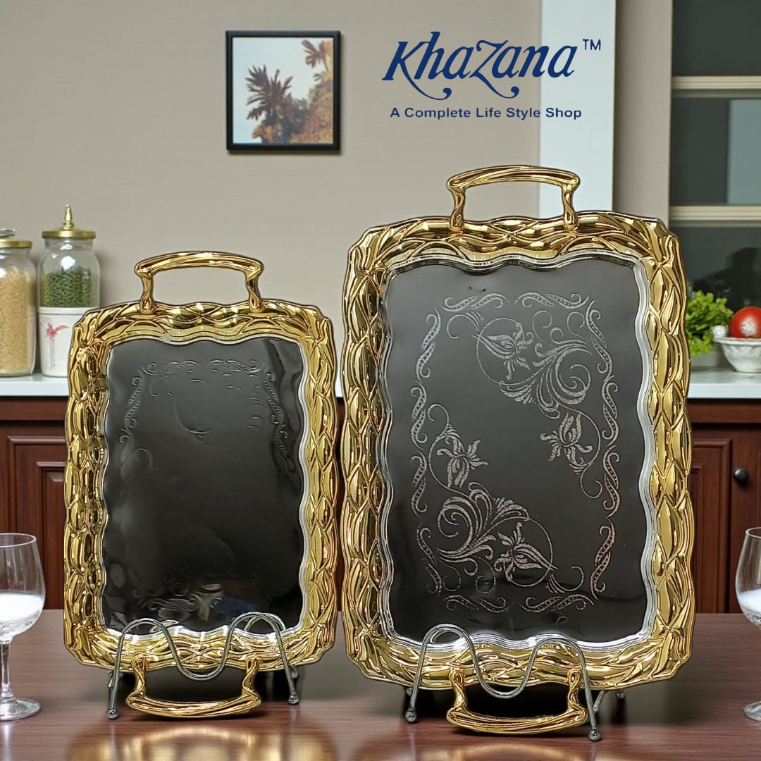 Pair of Ornate Gold & Silver Rectangular Serving Trays