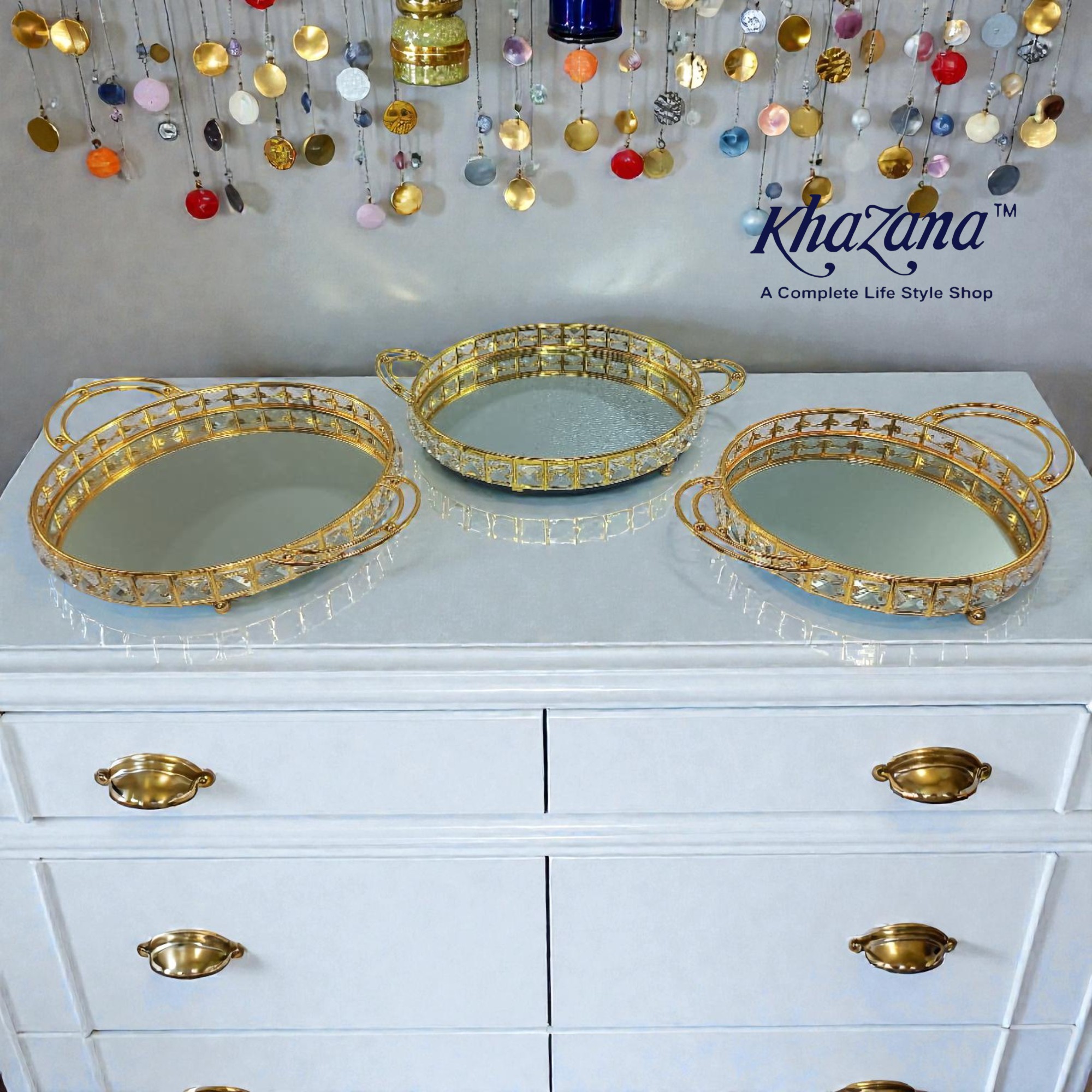 Elegant Gold and Crystal Mirrored Trays