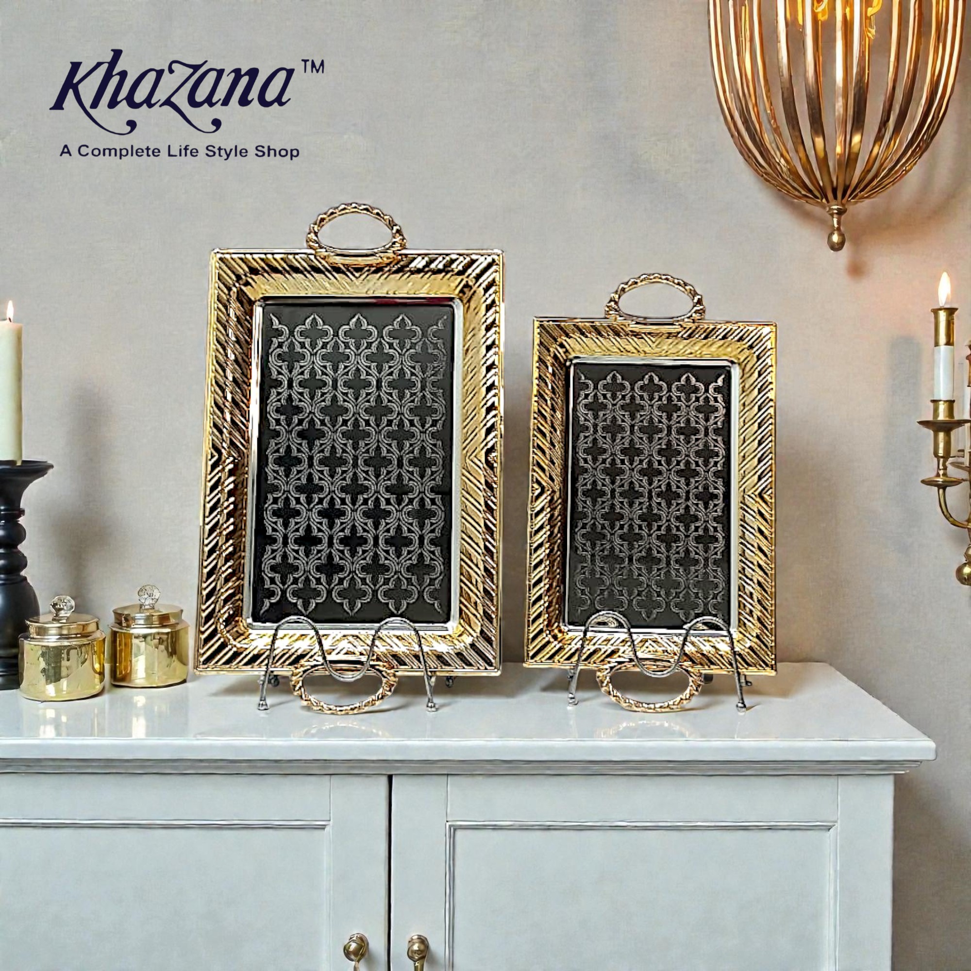 Ornate Gold and Black Patterned Rectangular Trays