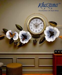 Decorative Floral Metal Wall Clock in Blue and Gold