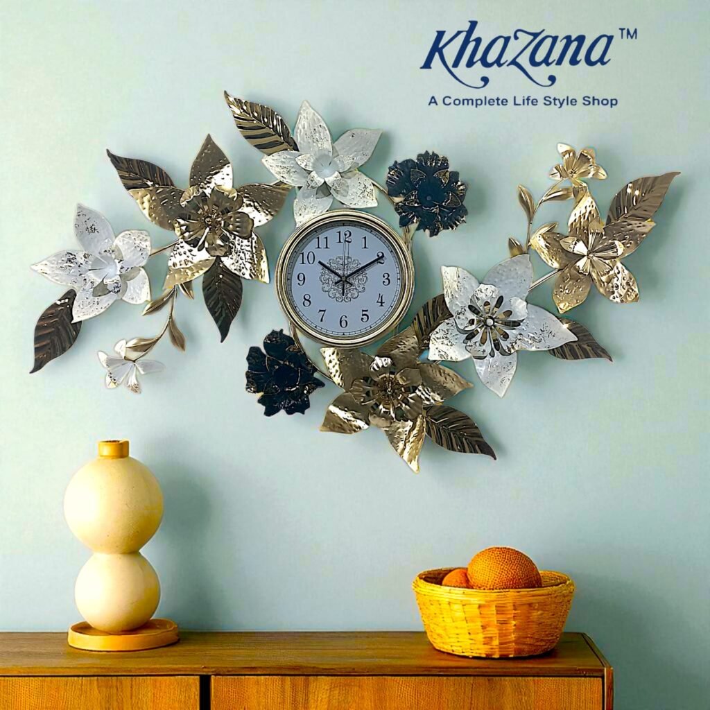 3D Floral Wall Clock with Gilded Accents