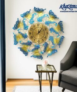 vertical ginkgo leaf metal wall clock luxury gold, blue & green floral art decor