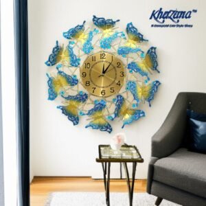 vertical ginkgo leaf metal wall clock luxury gold, blue & green floral art decor