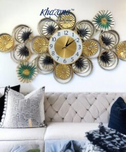 vertical ginkgo leaf metal wall art clock elegant gold, blue and green home decor