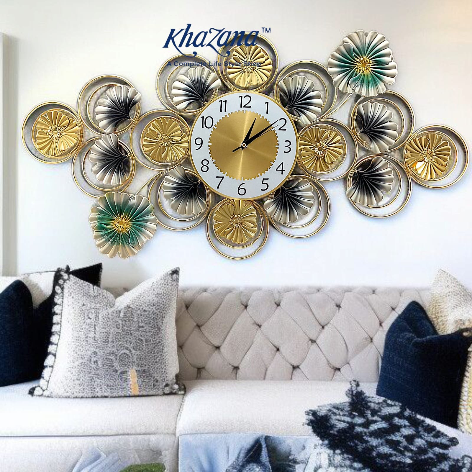 vertical ginkgo leaf metal wall art clock elegant gold, blue and green home decor vertical ginkgo leaf metal wall art clock elegant gold, blue and green home decor
