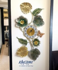 tropical monstera leaf and butterfly wall clock gold and green vertical metal art