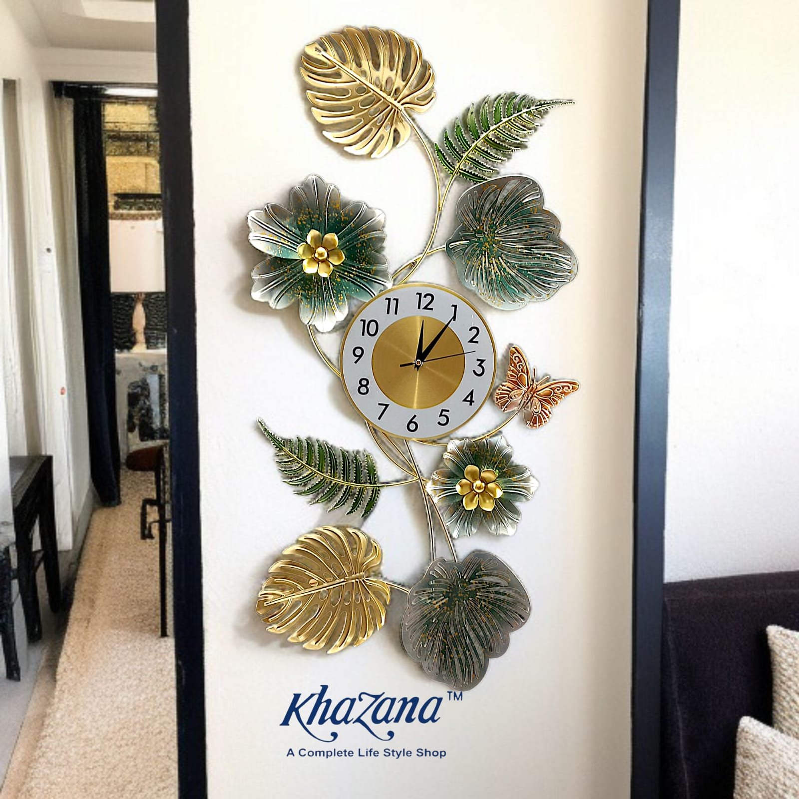 tropical monstera leaf and butterfly wall clock gold and green vertical metal art tropical monstera leaf and butterfly wall clock gold and green vertical metal art