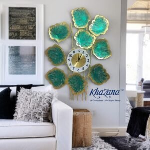 tropical emerald and gold monstera leaf wall clock