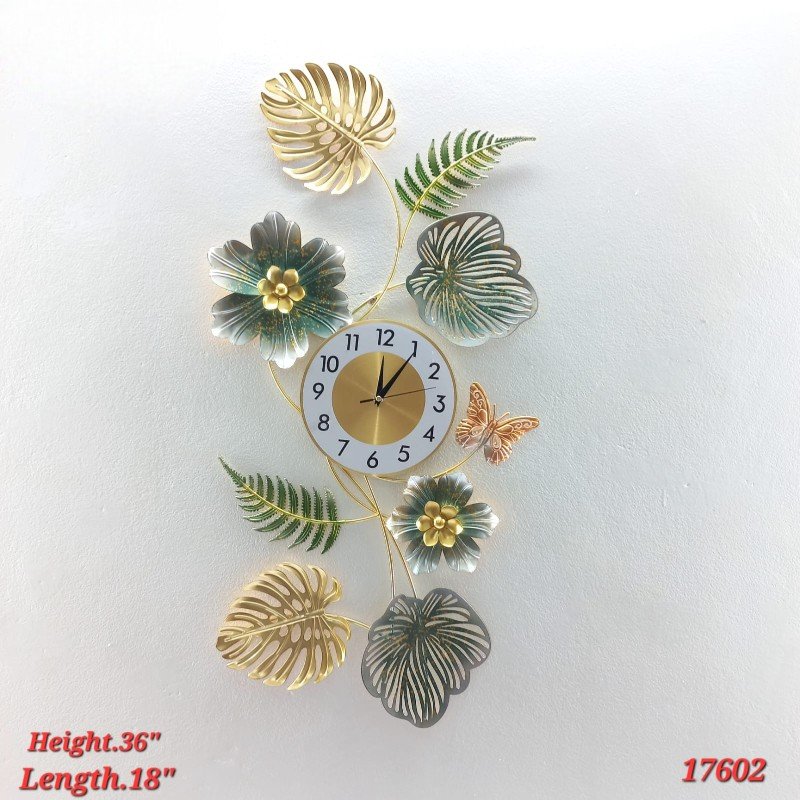 tropical monstera leaf and butterfly wall clock gold and green vertical metal art tropical monstera leaf and butterfly wall clock gold and green vertical metal art