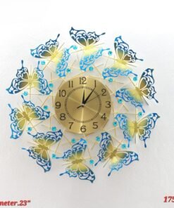 vertical ginkgo leaf metal wall clock luxury gold, blue & green floral art decor
