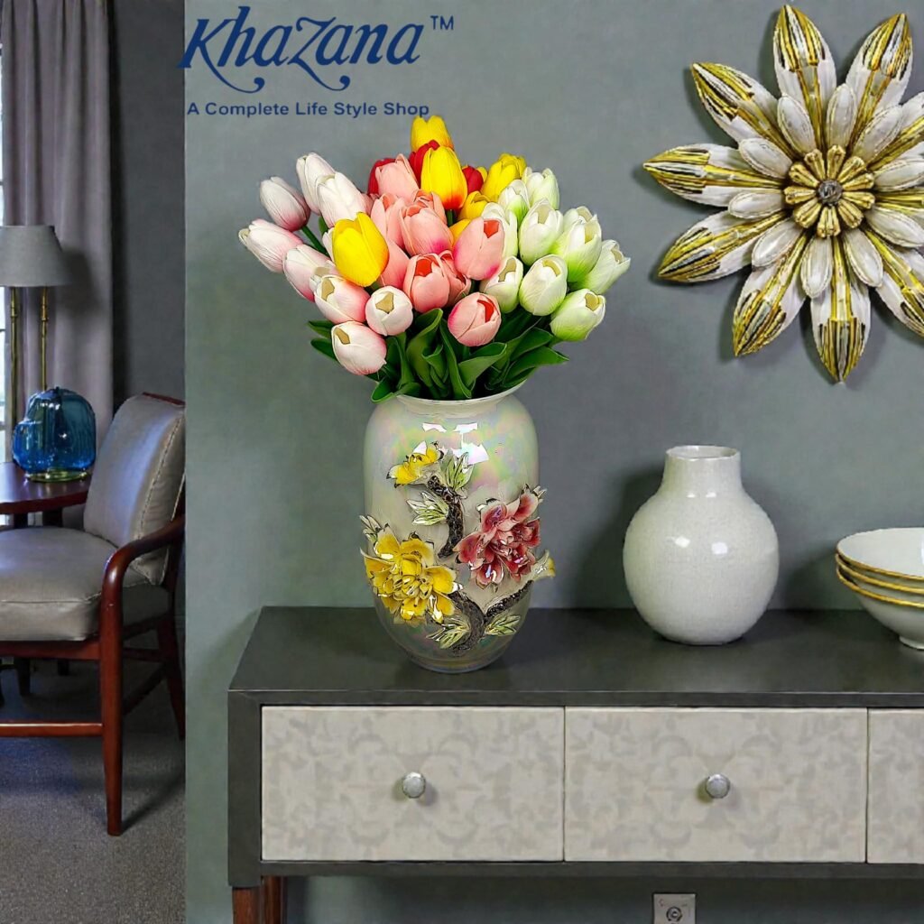 Tall Iridescent Pearl Cylinder Vase with Dual 3D Floral Relief