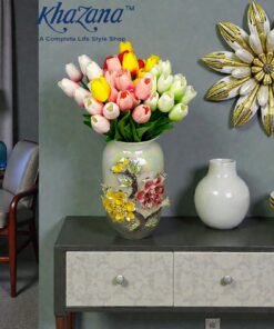 Tall Iridescent Pearl Cylinder Vase with Dual 3D Floral Relief