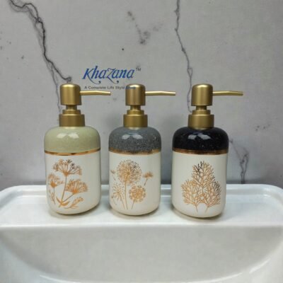 nature inspired two tone gold etched ceramic soap dispensers