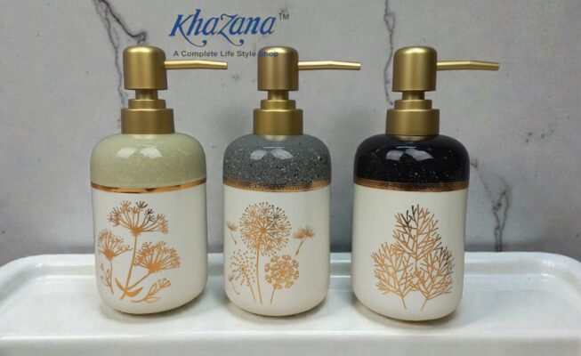 nature inspired two tone gold etched ceramic soap dispensers