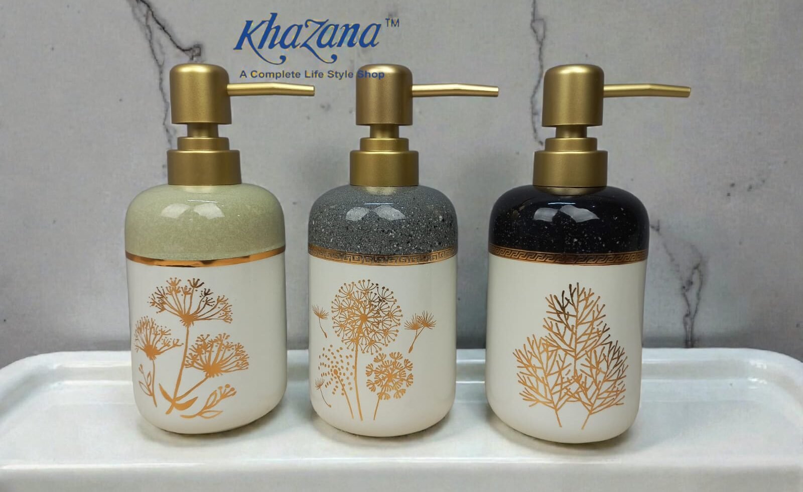 nature inspired two tone gold etched ceramic soap dispensers
