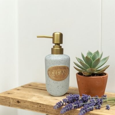 elegant speckled ceramic soap dispenser with gold pump