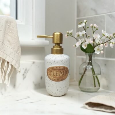 elegant speckled ceramic soap dispenser with gold pump