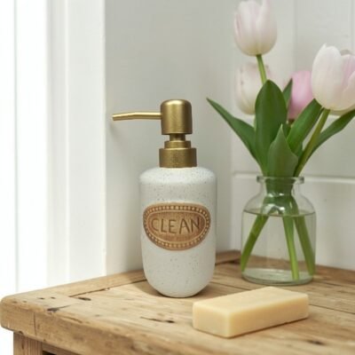 elegant speckled ceramic soap dispenser with gold pump
