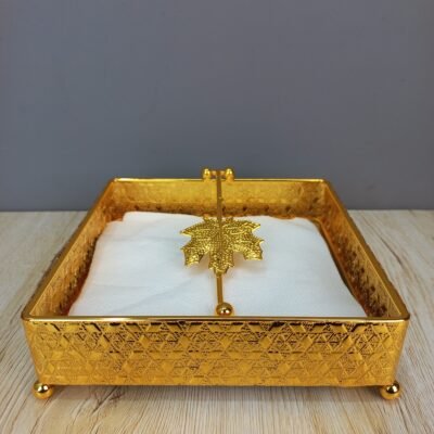 elegant gold plated square napkin holder with maple leaf weight