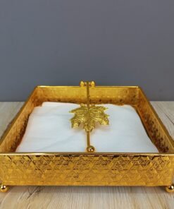 elegant gold plated square napkin holder with maple leaf weight