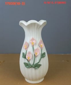 ribbed ceramic vase with hand painted calla lily relief