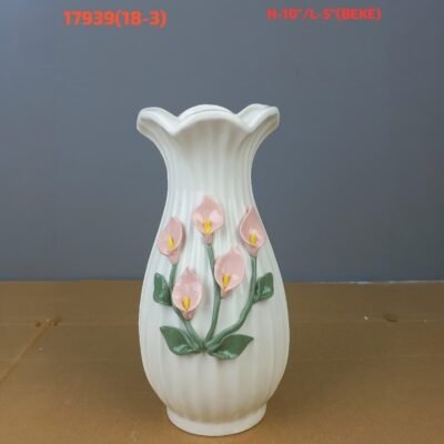 Ribbed Ceramic Vase with Hand Painted Calla Lily Relief ribbed ceramic vase with hand painted calla lily relief