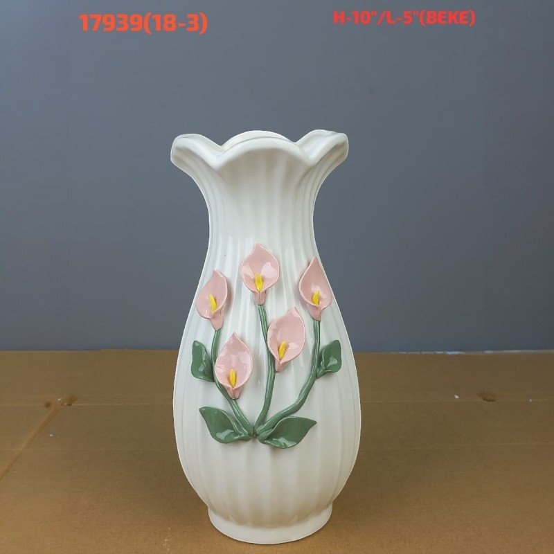 ribbed ceramic vase with hand painted calla lily relief ribbed ceramic vase with hand painted calla lily relief