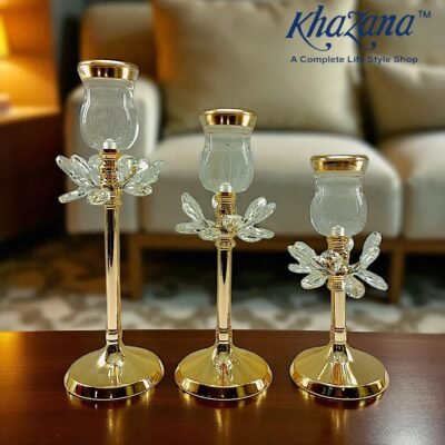 Luxurious Gold Crystal Pillar Candle Holder Set