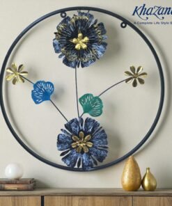 Mega Shop elegant circular metal wall decor with blue flowers and golden ginkgo accents