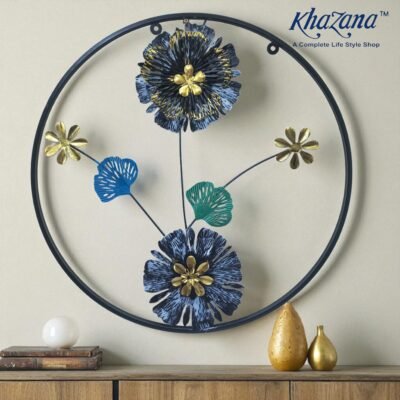 elegant circular metal wall decor with blue flowers and golden ginkgo accents